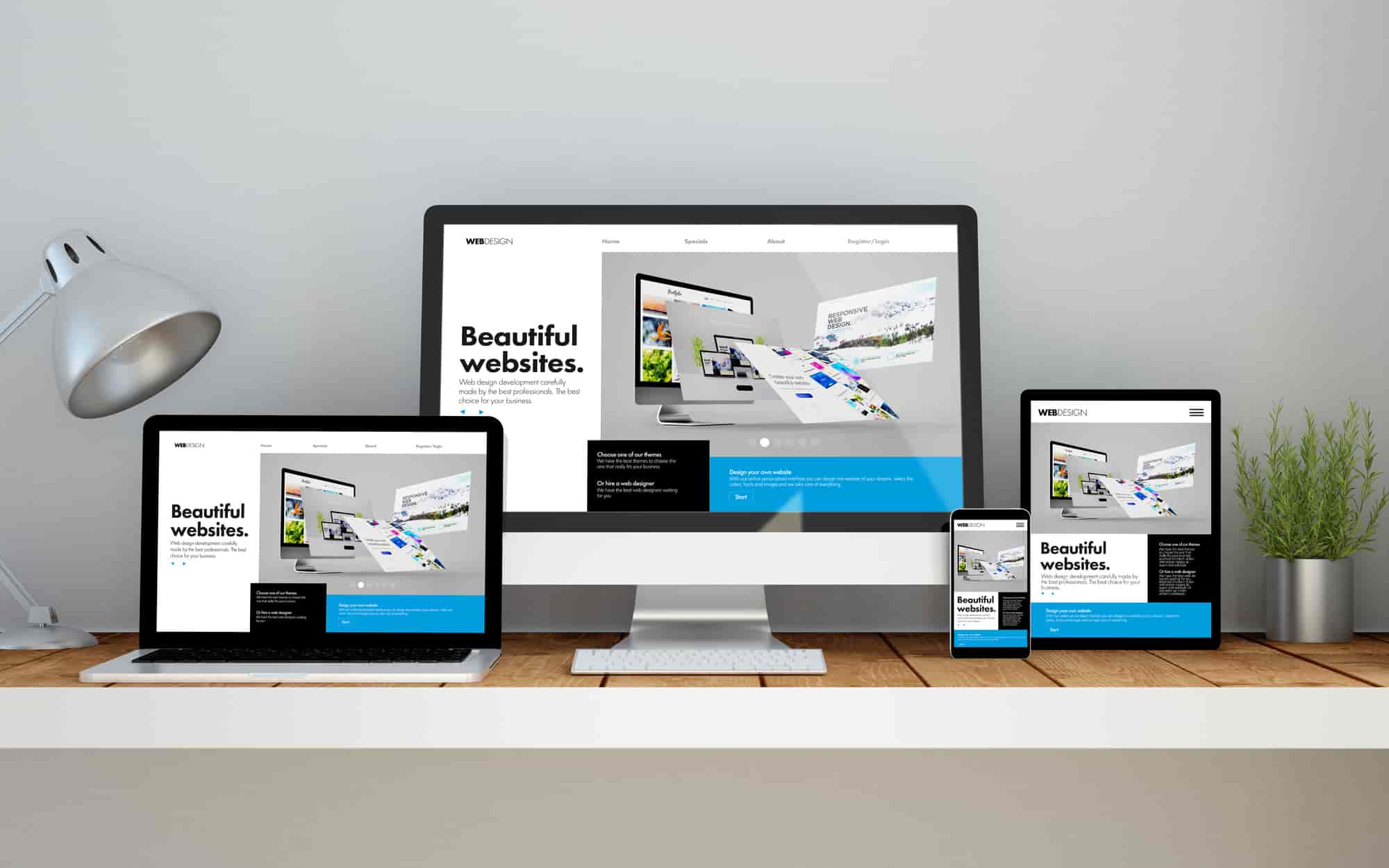 workplace with online responsive website builder on devices
